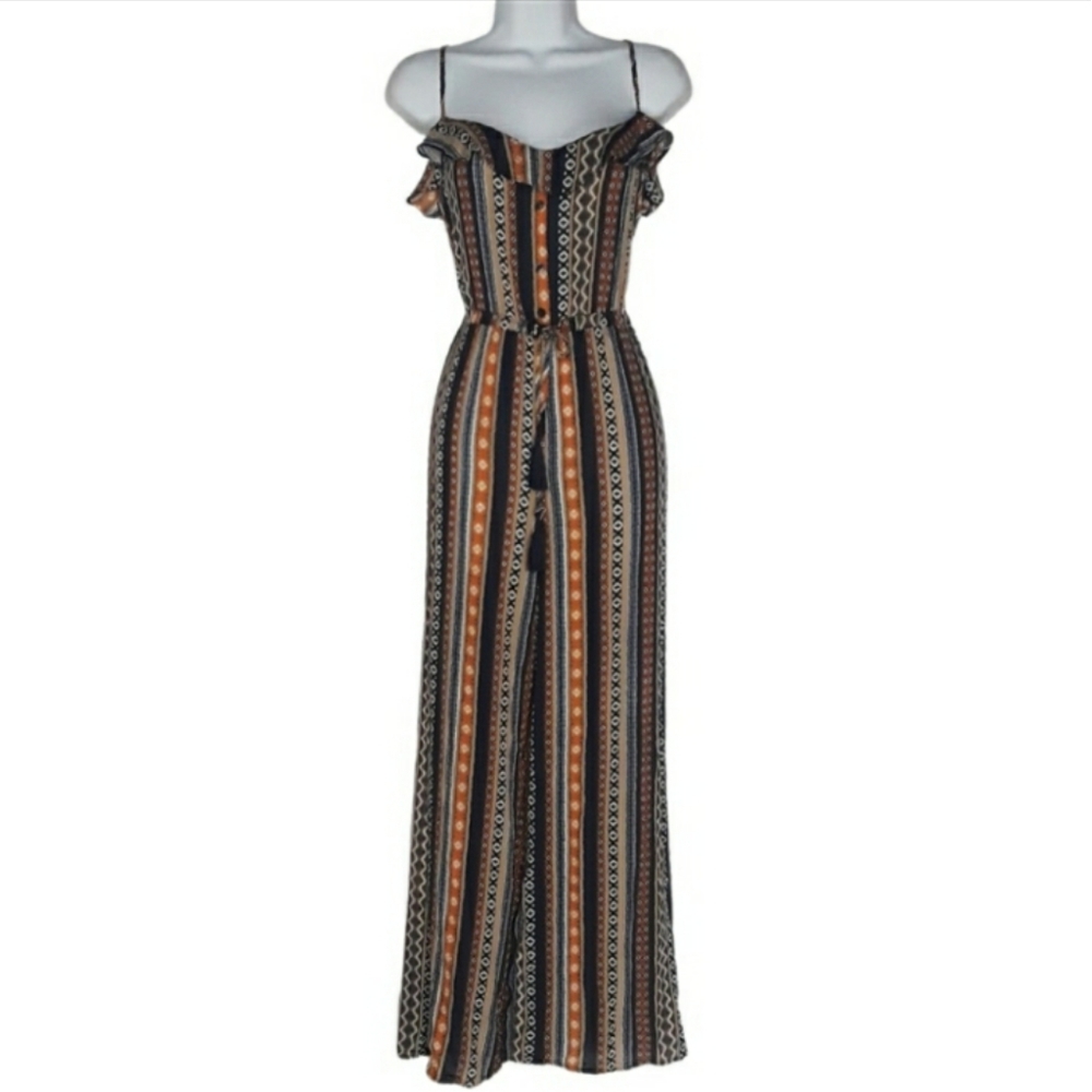 AAKAA Orange Blue Tribal Print Ruffle Top  Medium Jumpsuit with Slits NWT